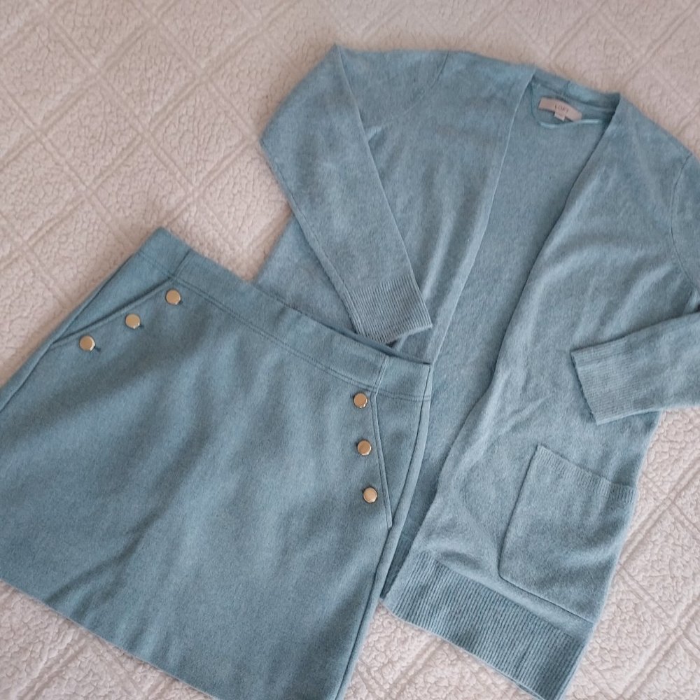 LOFT blue open long cardigan and matching skirt  SET